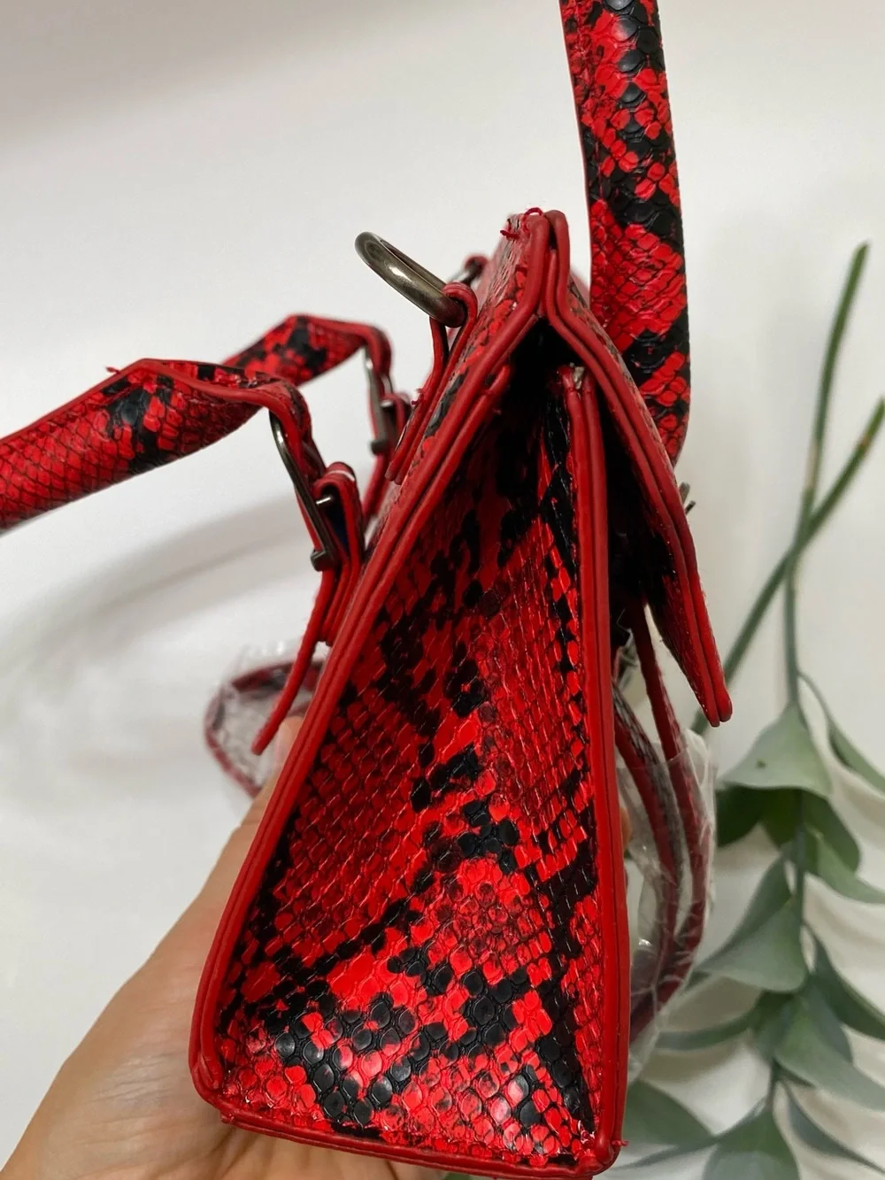 Ed Hardy Red and Black Snake-Print Top Handle Satchel